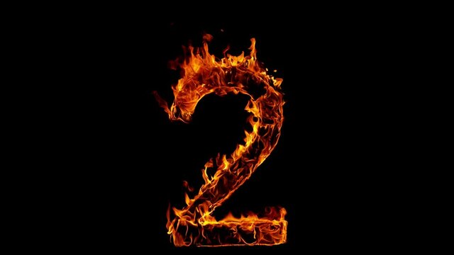 2 - Single Number made of Fire Flames on Black Background. Super Slow Motion, 1000 fps.