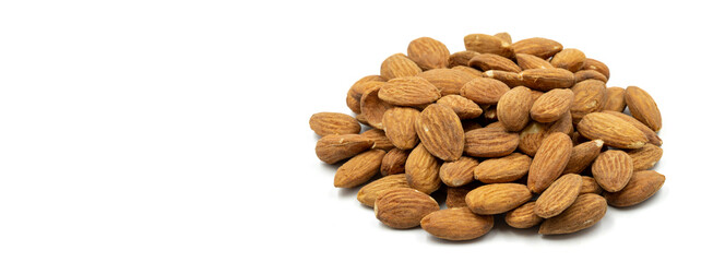 Almond isolated on white background. Snack fresh nuts. close up. Empty space for text. Copy space