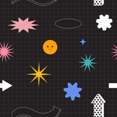 Seamless pattern with simple abstract geometric shapes or figures in modern contemporary style perfect for package design, textile or fabric print background. Repeat texture with trendy badges.
