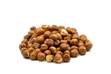 Hazelnut kernel isolated on white background. Snack fresh Peeled hazelnuts. close up