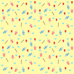 Pink glass and blue water bottle pattern on yellow background.