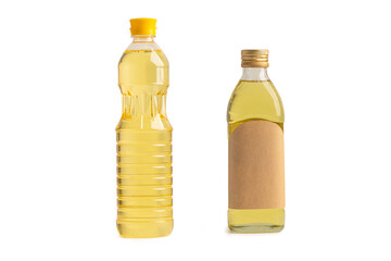 Vegetable oil with olive oil in different bottle for cooking isolated on white background with clipping path.