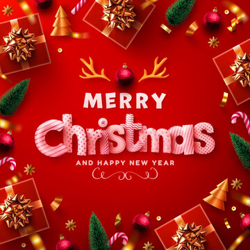Merry Christmas and Happy New Year Poster or banner with red gift box and christmas element for Retail,Shopping or Christmas Promotion in red and gold style. Vector illustration eps 10