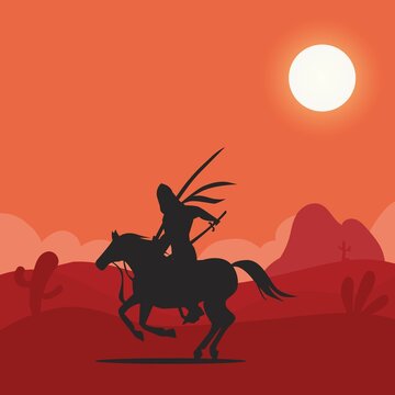 Arabian Knight Horse At The Desert Vector Illustration