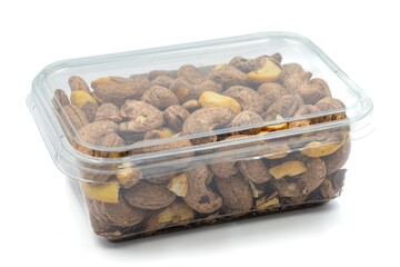 Packed shelled cashews isolated on white background. Snack nuts. close-up.