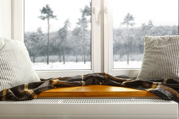 Winter window sill background and free space for your decoration. 