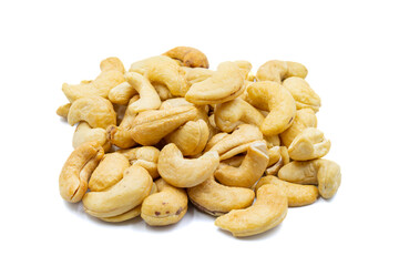 Cashews isolated on white background. Snack fresh nuts. close up