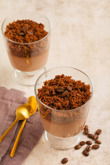 Delicious dessert chocolate mousse with brownie in glass jars on a light slate, stone or concrete background. Selective focus