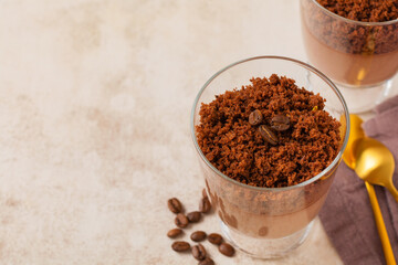 Delicious dessert chocolate mousse with brownie in glass jars on a light slate, stone or concrete background. Selective focus