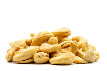 Cashews isolated on white background. Snack fresh nuts. close up