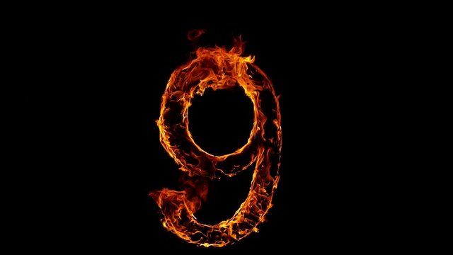 9 - Single Number made of Fire Flames on Black Background. Super Slow Motion, 1000 fps.