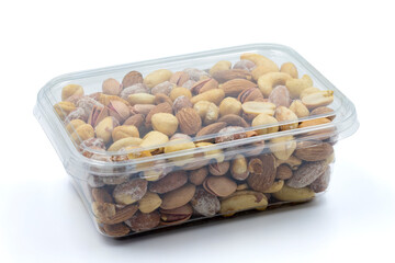 Packed Mixed nuts isolated on white background. Snack nuts. close-up.