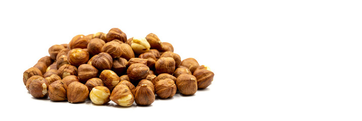 Hazelnut kernel isolated on white background. Snack fresh Peeled hazelnuts. close up. Empty space for text. Copy space