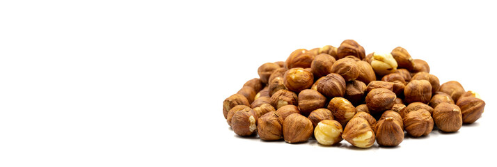 Hazelnut kernel isolated on white background. Snack fresh Peeled hazelnuts. close up. Empty space for text. Copy space
