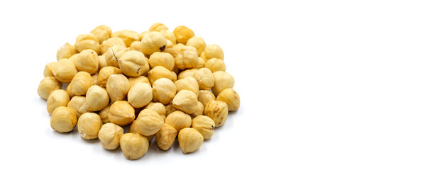 Hazelnut kernel isolated on white background. Snack fresh Peeled hazelnuts. close up. Empty space for text. Copy space