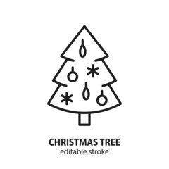 Christmas tree line vector icon. Sign of holiday. Editable stroke.