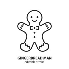 Gingerbread man line vector icon. Symbol of Christmas. Editable stroke.