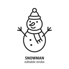 Snowman line vector icon. Symbol of New Year. Editable stroke.