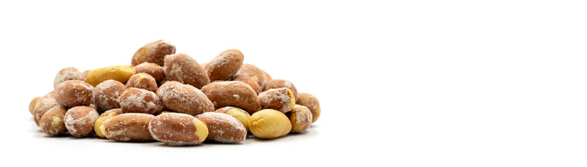 Salted peanuts isolated on white background. Snack nuts. close-up. Empty space for text. Copy space