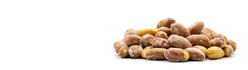 Salted peanuts isolated on white background. Snack nuts. close-up. Empty space for text. Copy space