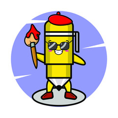 Pen painter cartoon character with hat and a brush to draw   cute style design for t-shirt, sticker, logo element for t-shirt, sticker, logo element
