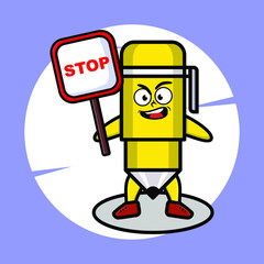 Cartoon mascot illustration pen with stop sign board vector drawing cute style design for t shirt, sticker, logo element for t-shirt, sticker, logo element