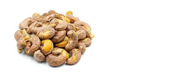 Shelled cashews isolated on white background. Snack fresh nuts. close up. Empty space for text. Copy space