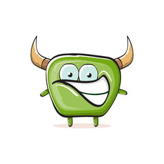 Vector cartoon funky green monster with horn isolated on white background. Smiling silly green monster print sticker design template. Ghost, troll, gremlin, goblin, devil and monster