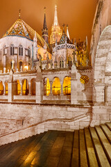 Matthias church and Fishermans bastion in Buda hills. Budapest landmark