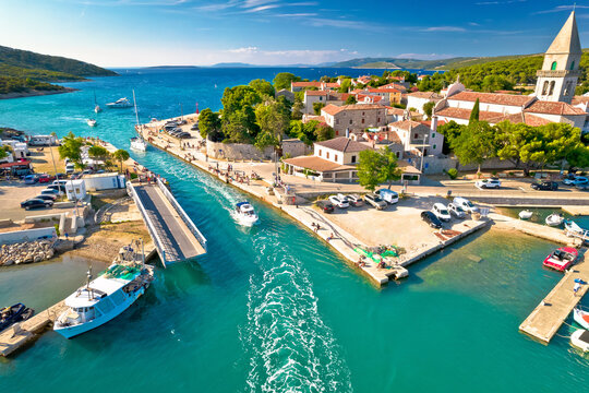 Town of Osor turquoise coast aerial view, bridge between Cres and Mali Losinj islands