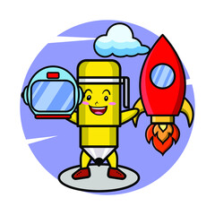 Pen mascot cartoon character as astronut with rocket, helm, and cloud in cute style for t-shirt, sticker, logo element, poster