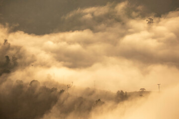 The humidity in the air floated into a mist over the mountains in the morning, looking beautiful.