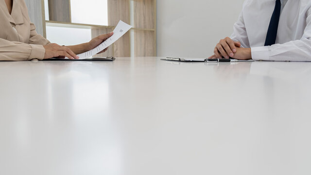 Attractive young business woman in a job interview with a corporate personnel manager.
