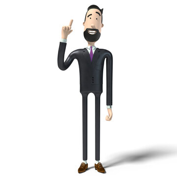 Hipster cartoon character businessman with raised hand - idea concept - 3D illustration