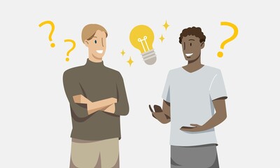 African man and a western man are consulting and expressing creativity. Business and finance concept. Hand draw style. Vector illustration.