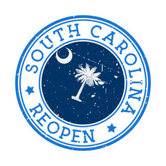 South Carolina Reopening Stamp. Round badge of US State with the flag of South Carolina. Reopening after lockdown sign. Vector illustration.