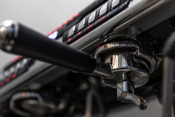 Close-up detail of a professional coffee machine.