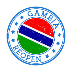 Gambia Reopening Stamp. Round badge of country with flag of Gambia. Reopening after lock-down sign. Vector illustration.