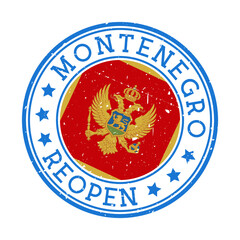 Montenegro Reopening Stamp. Round badge of country with flag of Montenegro. Reopening after lock-down sign. Vector illustration.