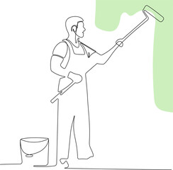 Continuous one line drawing of human hand holds paint brushes with paint can, floor painting, blank space for your text, banner, advertisement or your design minimal outline. Vector illustration