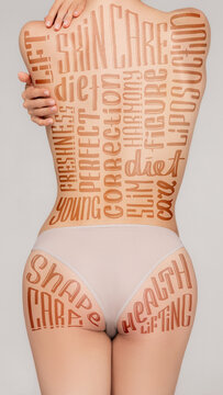 Collage with women's slim body, hips, bottocks and belly with lettering on skin. Lifting, beauty, bodycare, cellulite and healthy lifestyle concept.