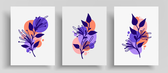 Vector cover layout with harmonious colors and line art. Minimalist template with abstract shapes and botanical lines composition. Designed for wall decoration, postcard or brochure, cover design.