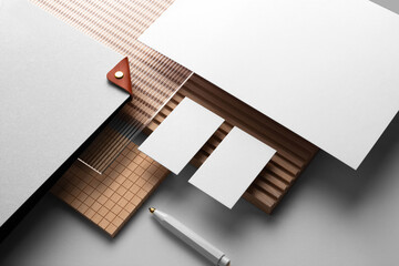 Branding stationery mockup template, with reeded glass and wooden elements, real photo, letterhead,...