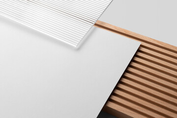 Branding stationery mockup template, with reeded glass and wooden elements, real photo, letterhead,...
