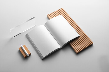 Branding stationery mockup template, with reeded glass and wooden elements, real photo, letterhead, folder, brochure, business card, envelope. Blank isolated on white background to place your design. 