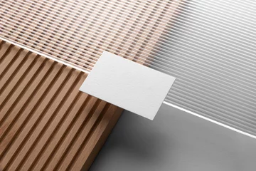 Foto op Canvas Business Cards Branding stationery mockup template, with reeded glass and wooden elements, real photo. Blank isolated on a white background to place your design.  © Mockup Cloud