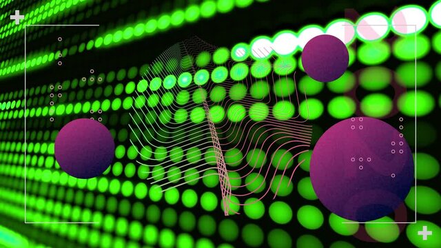 Animation of interface processing data, with green lights, parallel curves and spheres