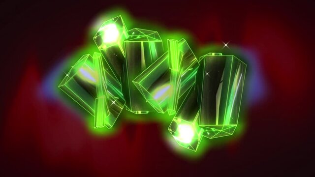 Animation of glowing green metallic rods floating on dark red background