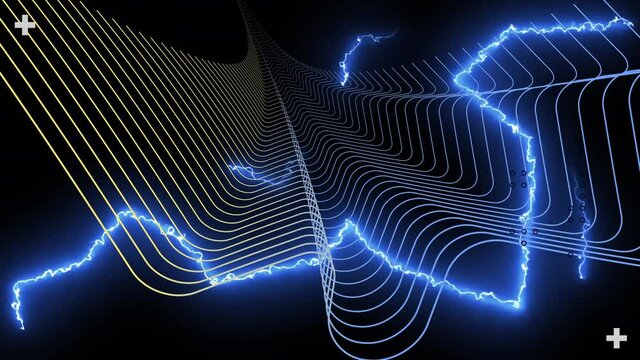 Animation of interface processing data, with glowing electric current over parallel curves, on black
