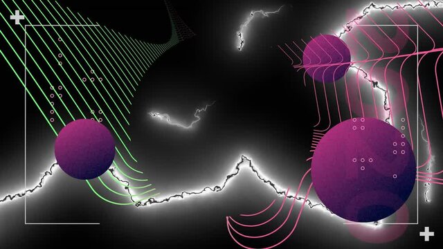 Animation of interface processing data, with white electric currents, parallel curves and spheres